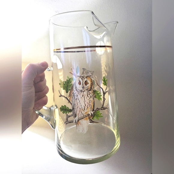 Vintage MCM Retro Owl Glass Gold Rimmed Pitcher / Bar Cart Decor - Picture 7 of 7